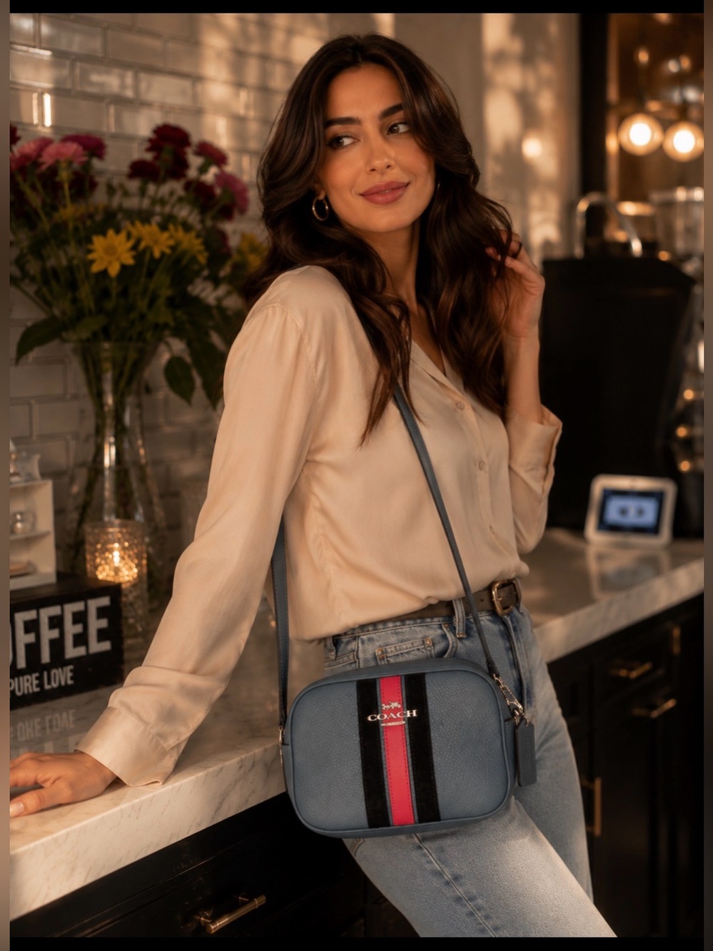 Coach Blue Pebbled Leather Crossbody with Red and Black Stripe